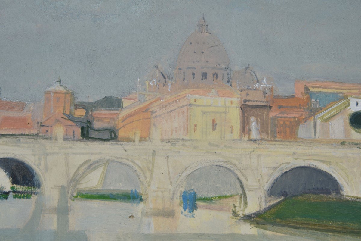 Adrian Holy "the Banks Of The Tiber In Rome" 1954 Oil On Cardboard 37x58-photo-2